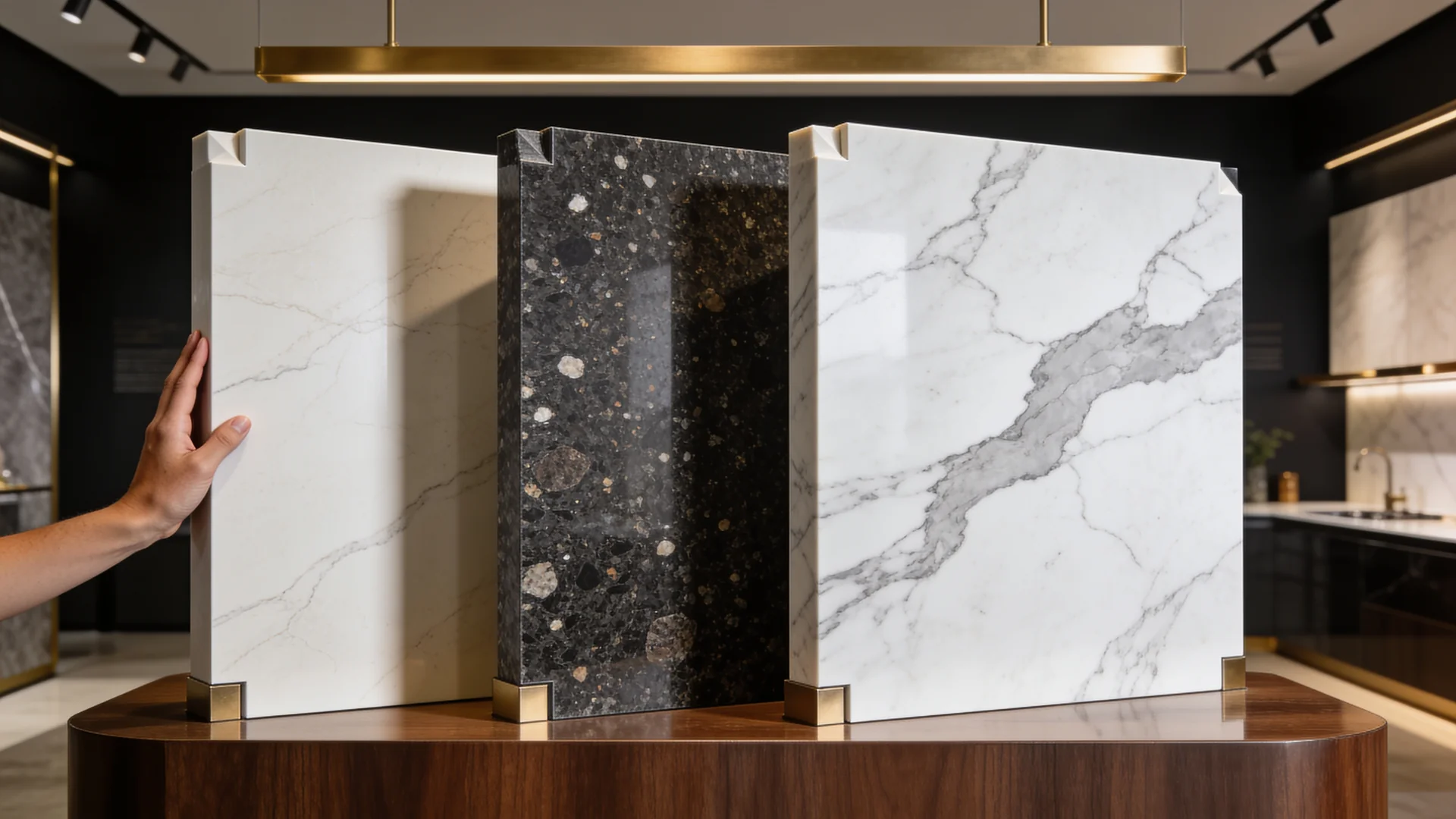 keramik arbeitsplatte im vergleich zu granit und marmor: drei materialmuster nebeneinander auf dem studiotisch bei tageslicht