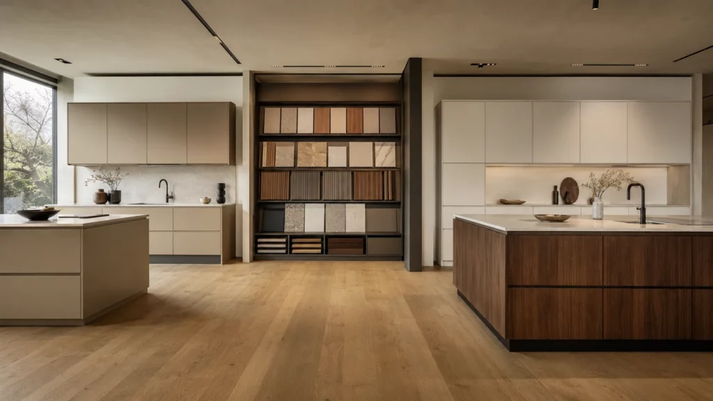 küchenstudio finden: premium showroom mit zwei kücheneinrichtungen und materialmuster-wand bei KÜCHENSTUDIO PROFORM Weinheim