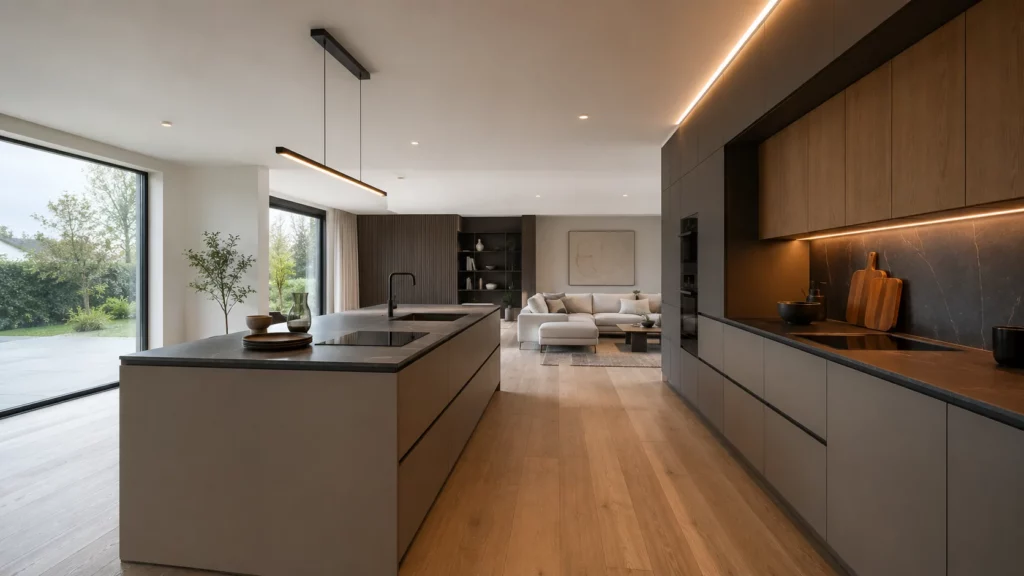 offene küche planen: moderne offene wohnküche mit kochinsel, die fließend in den wohnbereich übergeht, im showroom in Weinheim