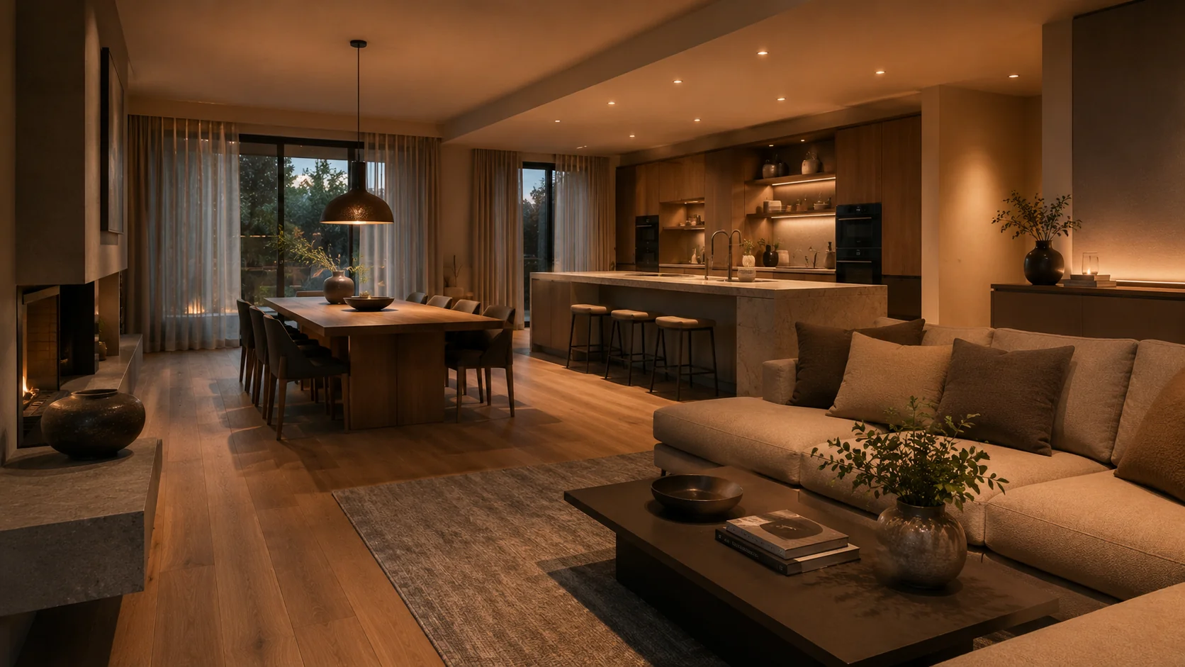 wohnküche planen: realisierte offene wohnküche mit insel, essbereich und zonen-beleuchtung in einem altbau bei Weinheim