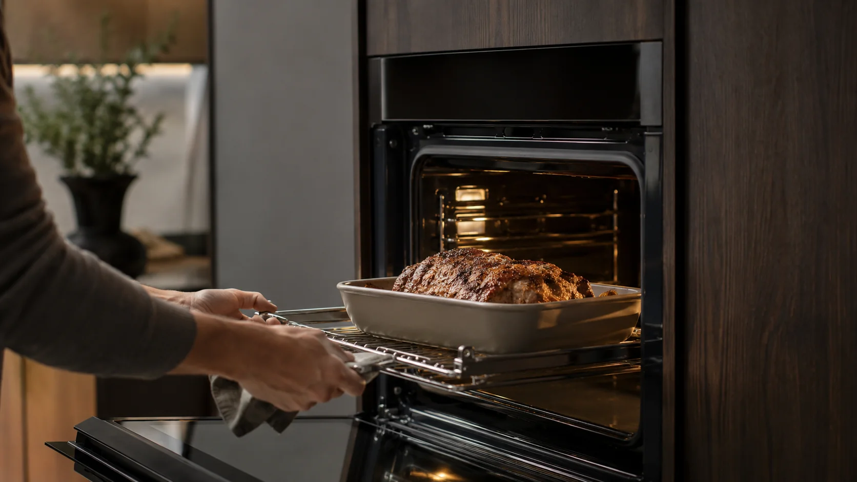 geöffneter einbaubackofen mit ausgezogenem backwagen und braten